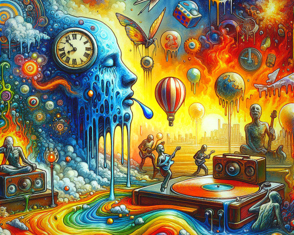 Surreal Landscape with Music and Imaginative Elements