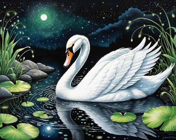 Swan Gliding on Moonlit Pond with Lily Pads and Stars