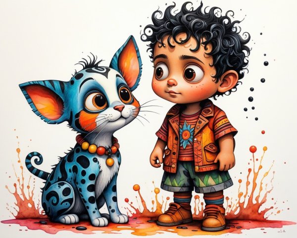 Watercolor Illustration of Cartoon Boy and Chihuahua Dog