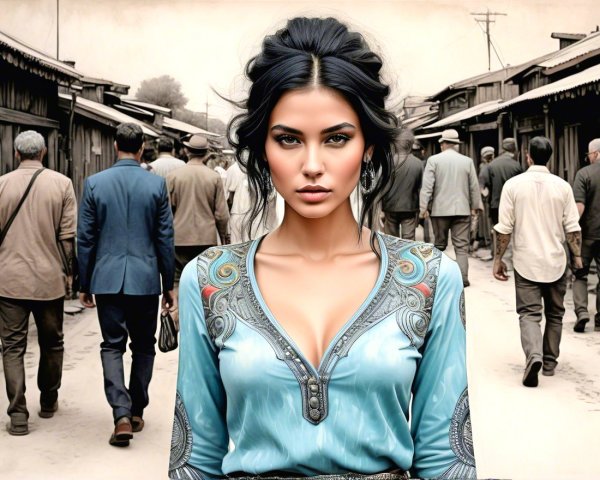 Young Woman in Blue Top Amidst Bustling Street Scene