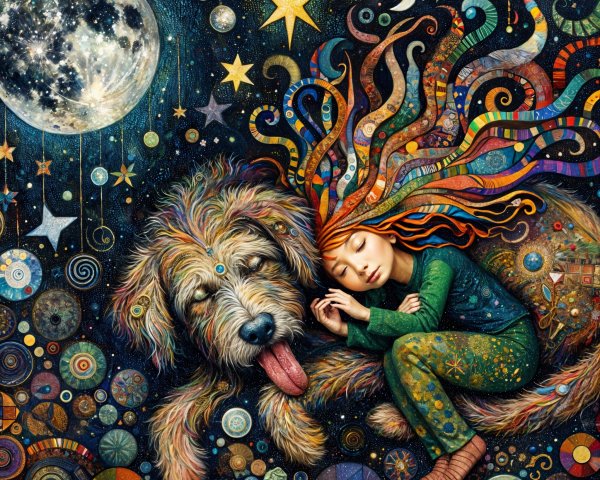 Dreamlike Scene of Child and Dog in Cosmic Patterns