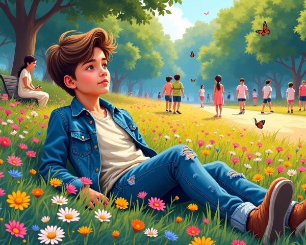 Young Boy Relaxing in Colorful Park Setting