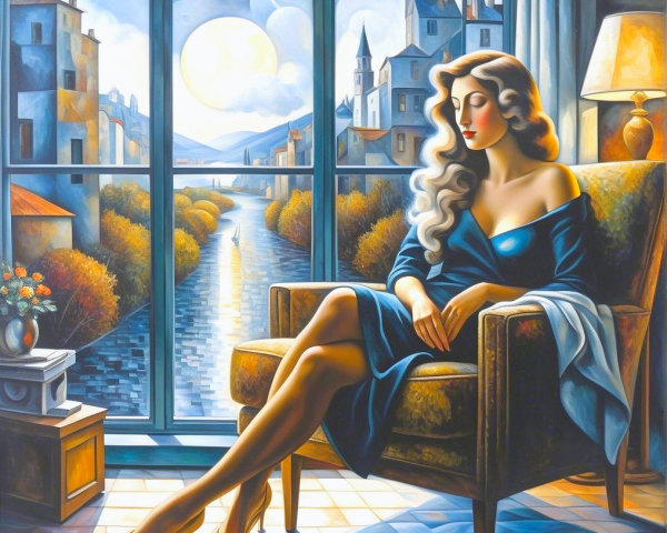 Elegant Woman in Armchair by Moonlit River Scene