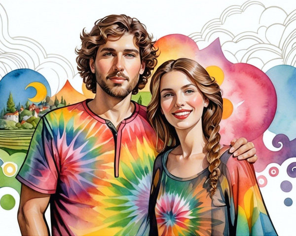Vibrant Illustration of a Young Couple in Tie-Dye Shirts
