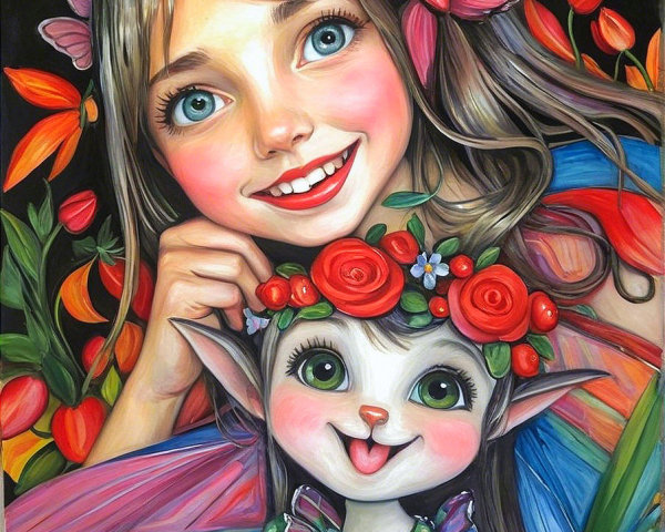 Colorful Painting of Joyful Girl with Fairy Creature
