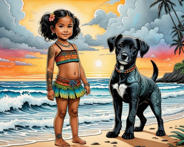 Young girl and dog on a colorful beach at sunset
