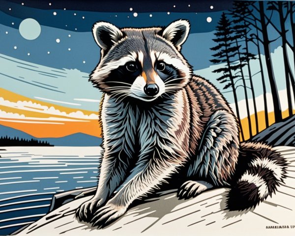 Raccoon by Lake at Sunset with Pine Tree Silhouettes