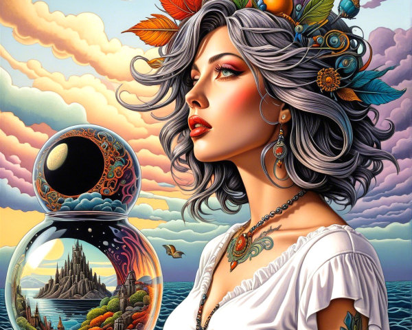 Woman with Silver Hair and Decorative Glass Orb