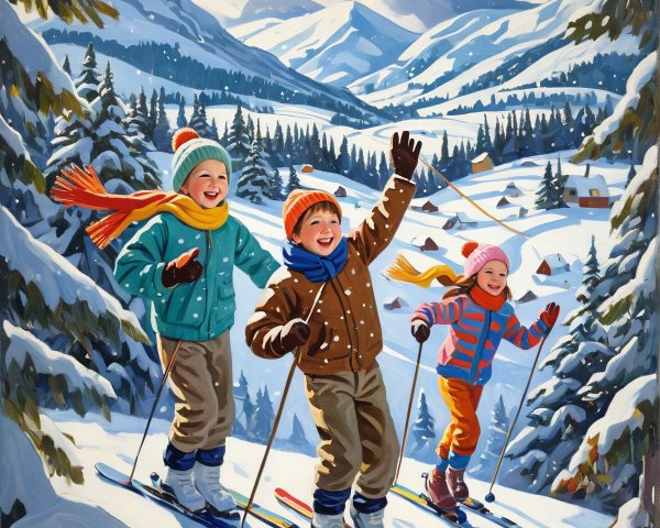 Children Skiing in a Snowy Winter Wonderland