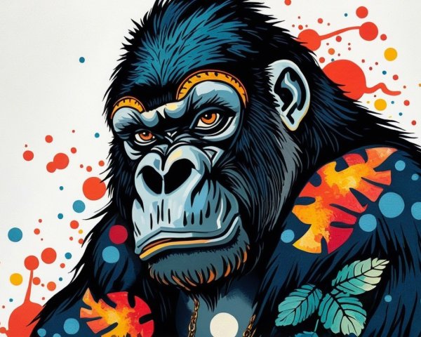 Gorilla Illustration with Vibrant Colors and Floral Pattern