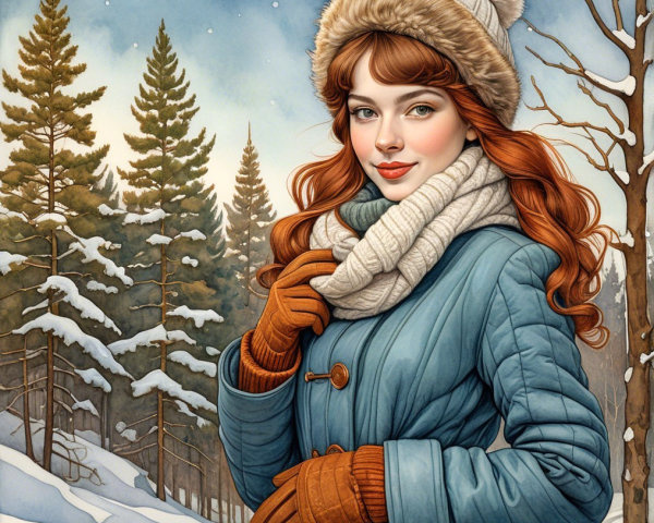 Young woman in teal coat in winter landscape