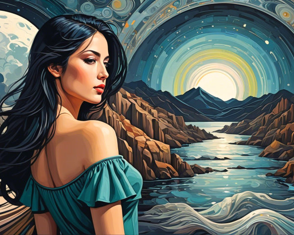 Serene Landscape with Surreal Elements and Woman