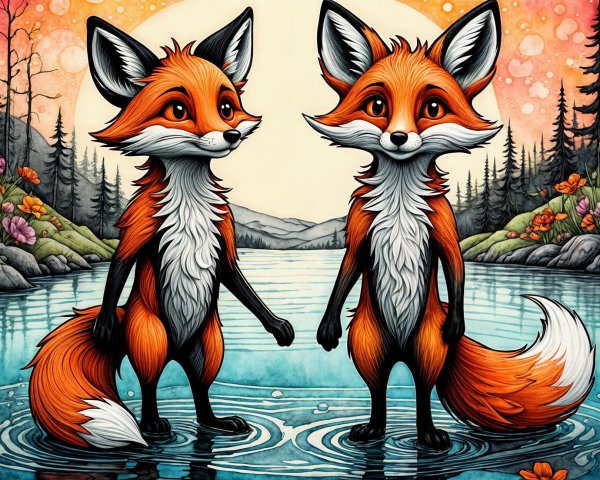 Whimsical Foxes by a Serene Lake with Lush Scenery