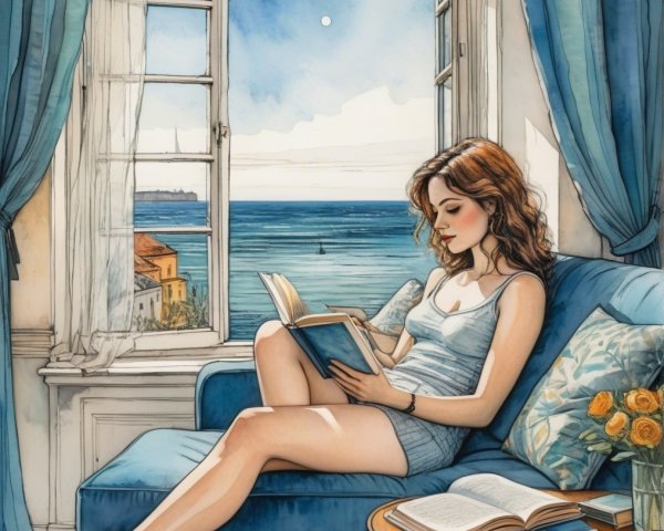 Woman Reading on Blue Couch by Ocean View Window