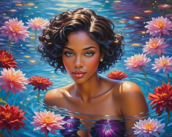 Woman with Curly Black Hair in Serene Pond Scene
