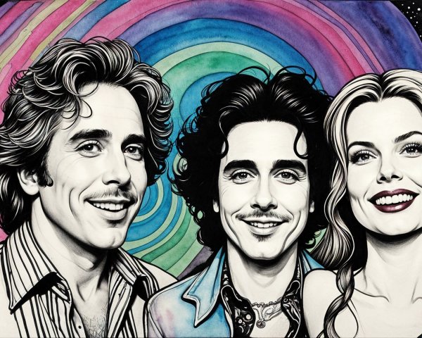 Stylized Individuals Against Colorful Rainbow Background