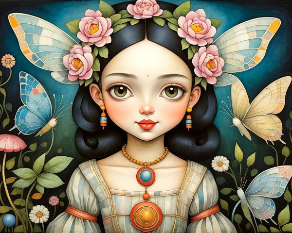 Whimsical Portrait of a Girl with Floral Crown and Butterflies