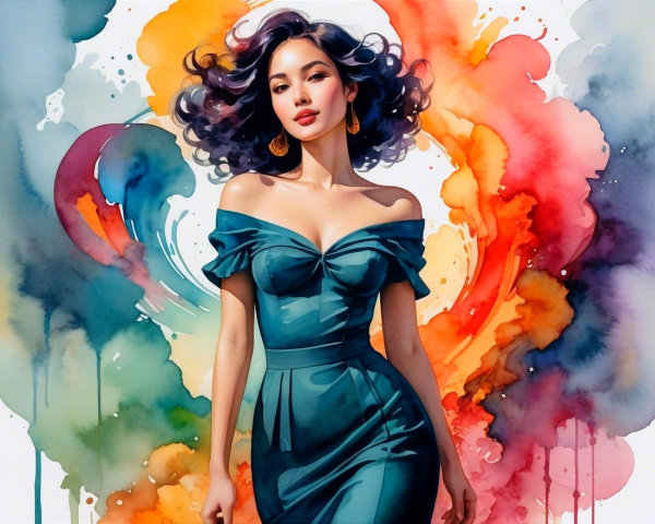 Illustration of a woman in teal dress with vibrant hair
