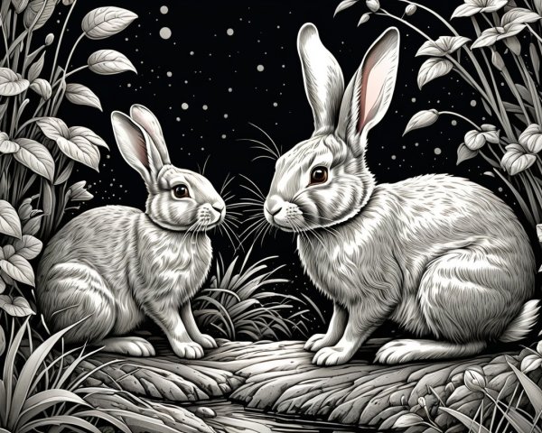 Rabbits in a Moonlit Forest Surrounded by Foliage