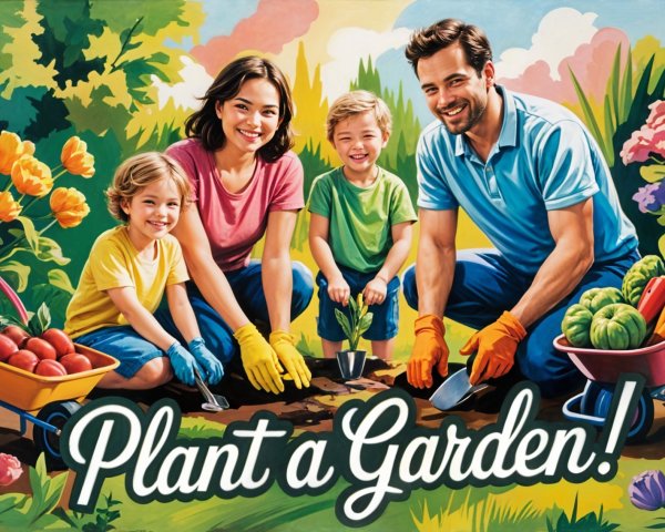 Diverse Family Planting a Colorful Garden Together