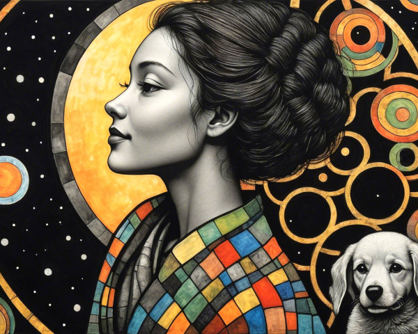Graceful Woman in Traditional Attire with Playful Dog