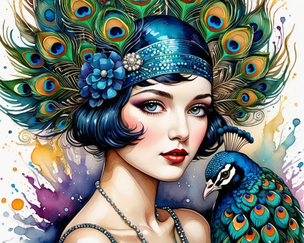 Glamorous Woman with Peacock Feather Headdress and Artistry