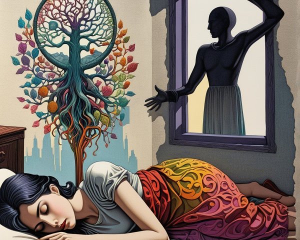 Woman Sleeping with Colorful Blanket and Tree Background