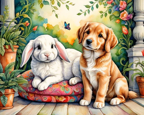 Fluffy Rabbit and Puppy in a Colorful Garden Scene