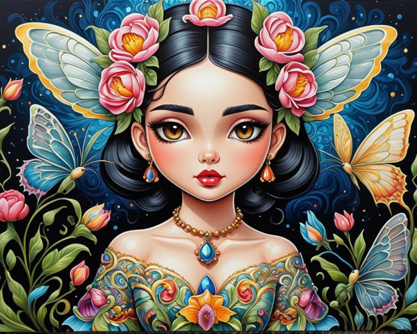 Stylized girl with butterfly wings and floral dress