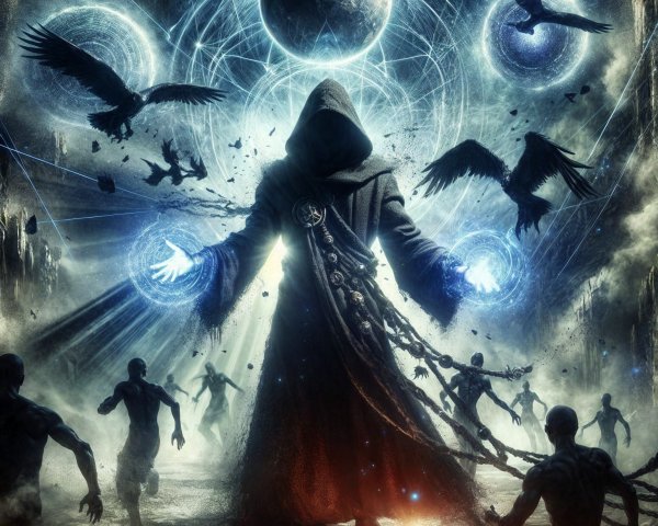 Cloaked Figure in Cosmic Scene with Energy Orbs