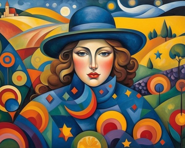 Stylized portrait of a woman in vibrant landscape
