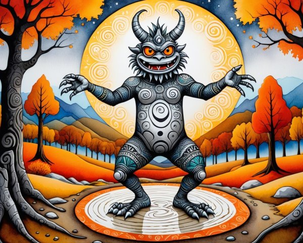 Cartoonish creature in colorful autumn landscape