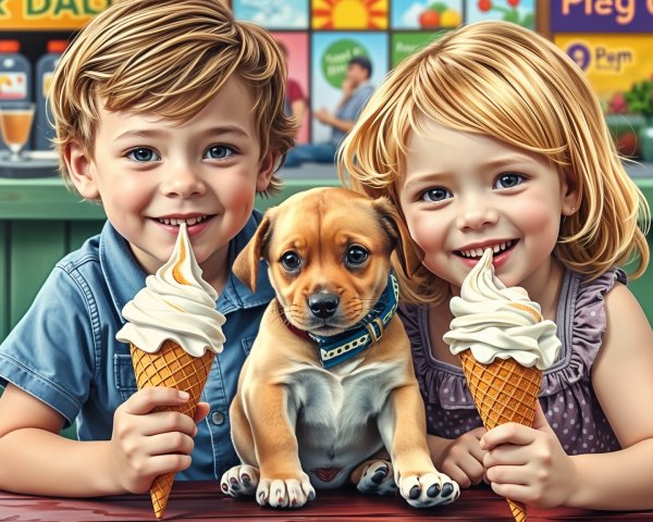 Children Enjoying Ice Cream with a Puppy in Shop