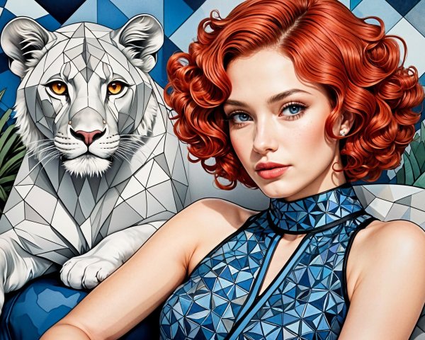 Vibrant Woman with Red Hair and Stylized White Lion
