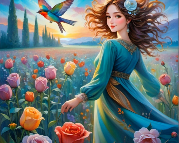 Young Woman in Turquoise Gown Among Blooming Roses