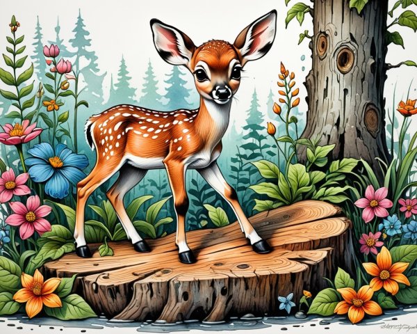 Young deer on wooden stump in vibrant woodland setting