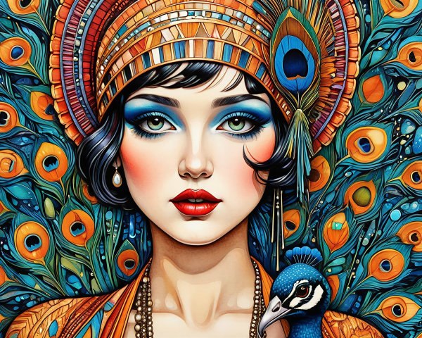 Portrait of a woman with colorful patterns and peacock