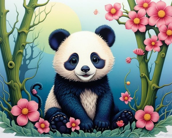 Cartoon Panda Cub Surrounded by Flowers and Bamboo