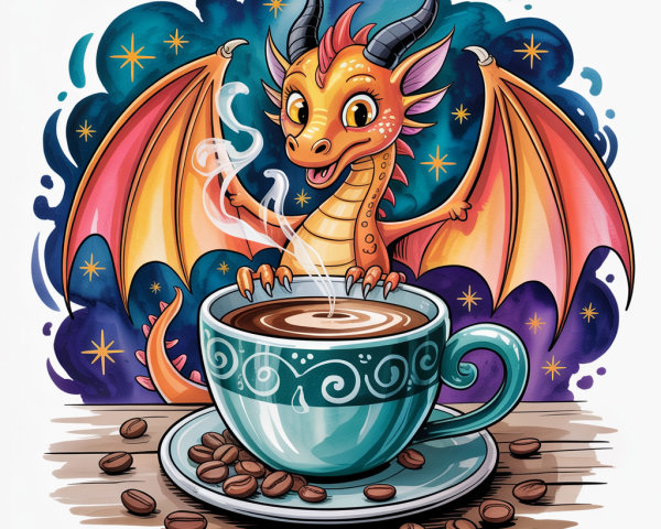 Whimsical dragon illustration over coffee cup and night sky