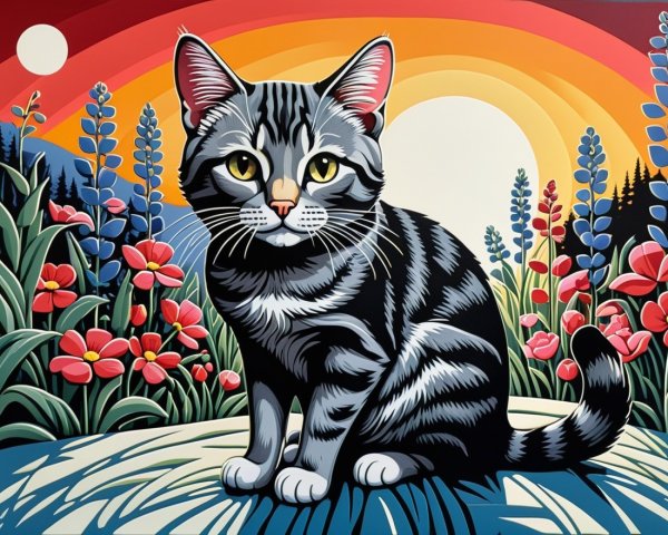 Grey Tabby Cat in Colorful Sunset Landscape