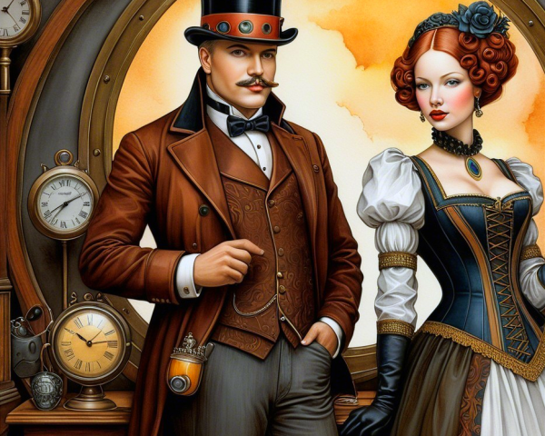 Stylish Steampunk Couple with Vintage Clocks