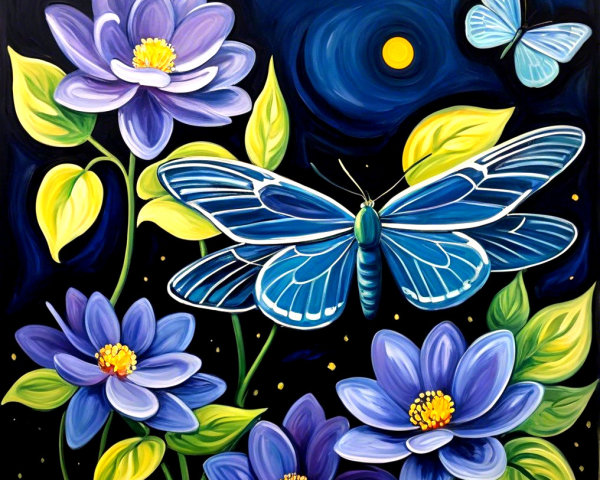 Vibrant painting of blue butterflies and purple flowers