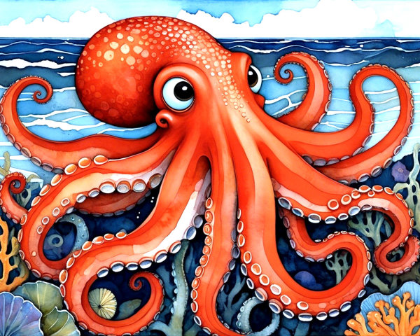 Cartoonish octopus in a colorful underwater scene