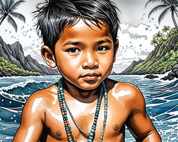 Young boy with black hair at a beach scene