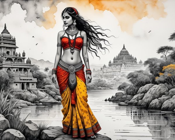 Illustration of Woman in Traditional Attire by River