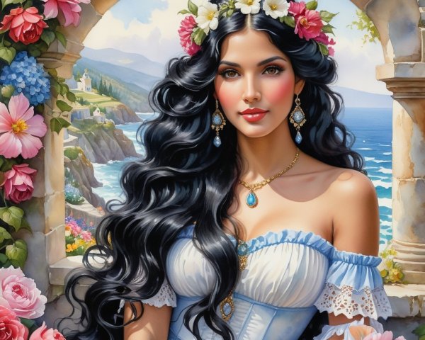Woman in Blue Gown by Arched Window with Coastline View
