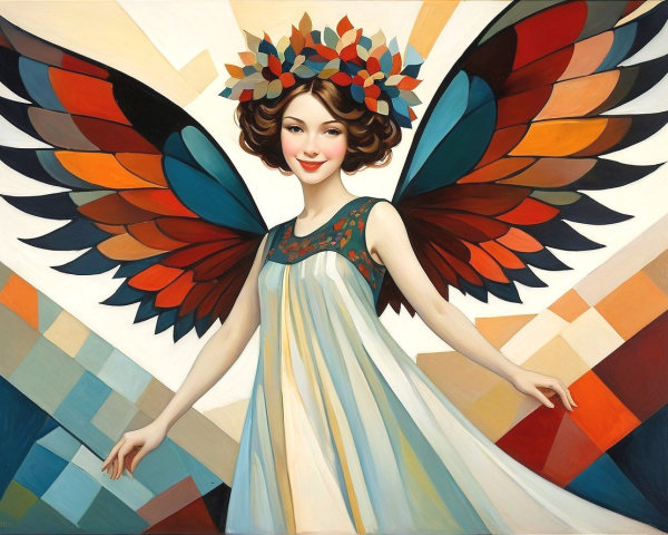 Angelic Figure with Colorful Wings and Floral Crown