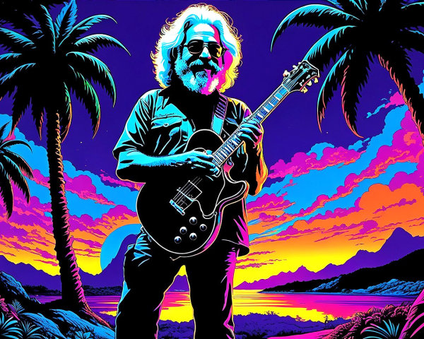 Psychedelic Illustration of Musician at Sunset