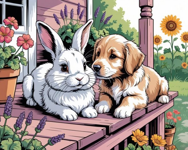 Fluffy Rabbit and Golden Puppy on Wooden Porch