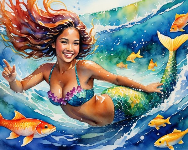 Vibrant Underwater Scene with Joyful Mermaid and Fish